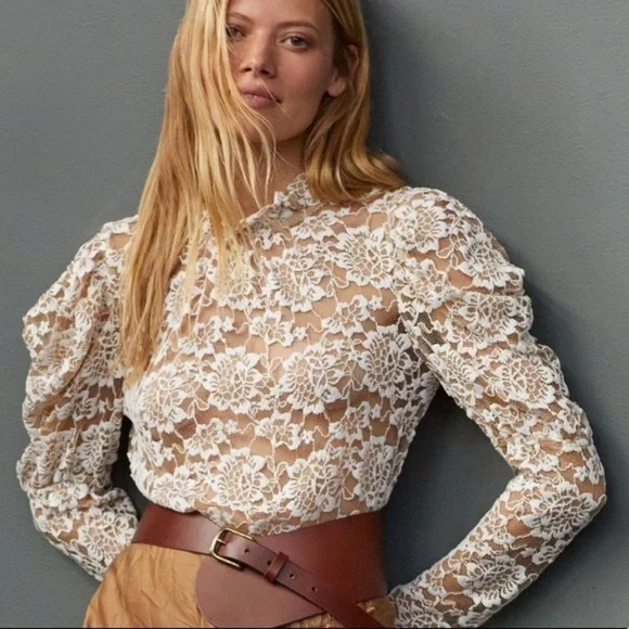 Anthropologie Sheer Lace Mock Neck Top - Picture 2 of 4